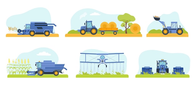 Vector cosechadora de maquinaria agrícola plana y avión de riego vector de transporte agrícola conjunto de equipos de tractor ilustración agrícola