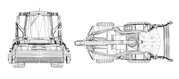 Cosechadora moderna sobre un fondo blanco. líneas vectoriales creativas abstractas conectadas a puntos.