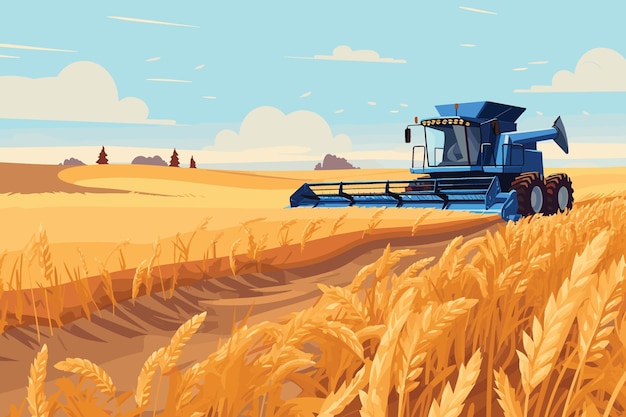 Cosechadora trabajando en campo de trigo Proceso de cosecha de trigo con moderna ilustración vectorial combinada