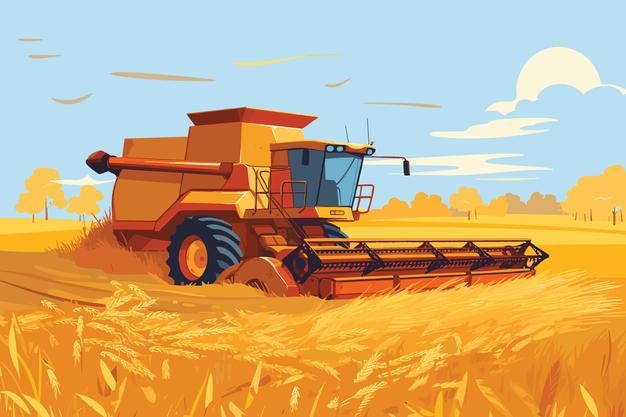 Cosechadora trabajando en campo de trigo Proceso de cosecha de trigo con moderna ilustración vectorial combinada