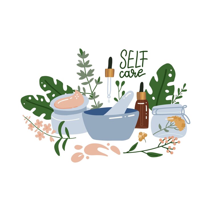 Vector cosmética ecológica y natural. crema, loción, suero, mortero y mano. concepto de autocuidado. ilustración plana.