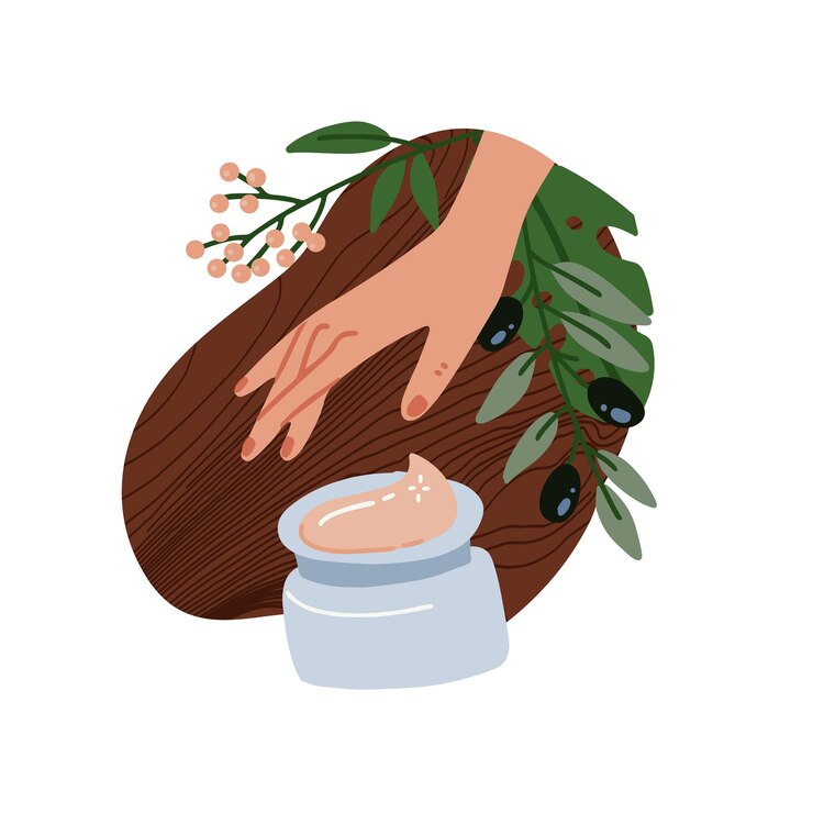 Vector cosmética natural procedente de plantas ecológicas. mano femenina para alcanzar el tarro de crema facial.
