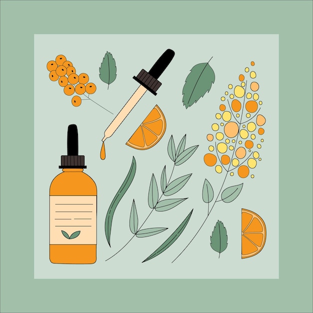 Cosmética orgánica para el cuidado de la piel en estilo plano. Cosas de mujer, concepto de accesorios de chicas ecológicas.