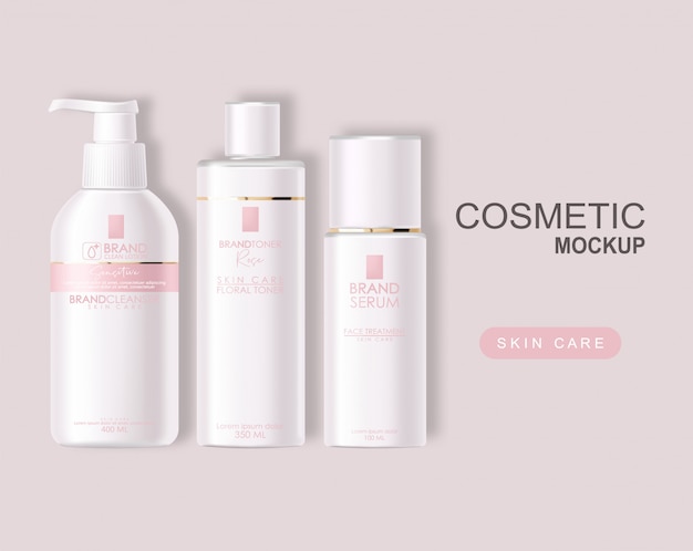 Cosmética realista, diseño rosa, conjunto de botella blanca, maqueta de embalaje, cuidado de la piel, crema de hidratación, tóner, limpiador, suero, tratamiento facial, contenedor aislado Fondo rosa 3d