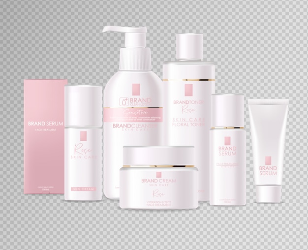 Cosmética realista, diseño rosa, conjunto de botella blanca, maqueta de empaque, cuidado de la piel, crema de hidratación, tóner, limpiador, suero, tarjeta de belleza, tratamiento facial, contenedor aislado fondo blanco 3d