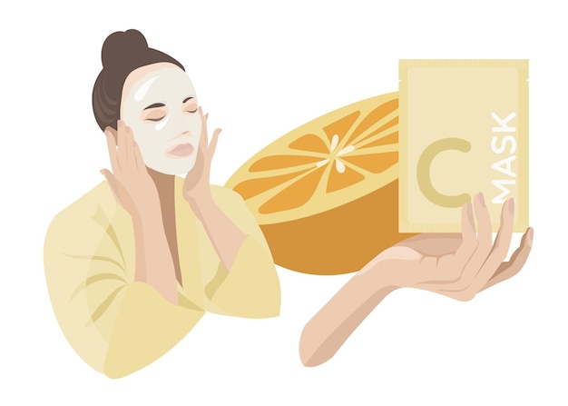 Cosmética vitamina c. procedimiento de belleza, mujer con mascarilla facial de hoja brillante. ilustraciones vectoriales planas