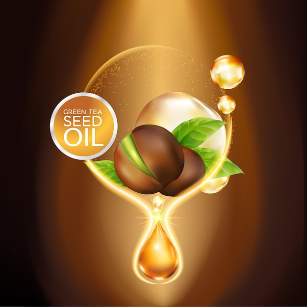 Cosmético de ilustración realista con ingredientes Cosmético de cuidado de la piel de aceite de semilla de té verde