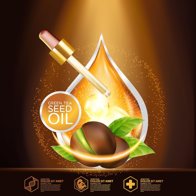 Cosmético de ilustración realista con ingredientes Cosmético de cuidado de la piel de aceite de semilla de té verde