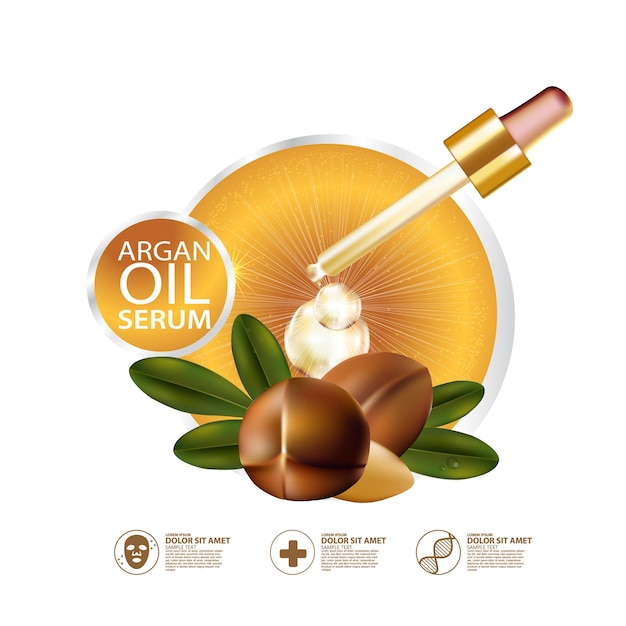 Cosmético de ilustración realista con ingredientes cosméticos de cuidado de la piel de aceite de argán