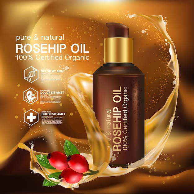 Cosmético de ilustración realista con ingredientes cosméticos de cuidado de la piel de aceite de rosa mosqueta