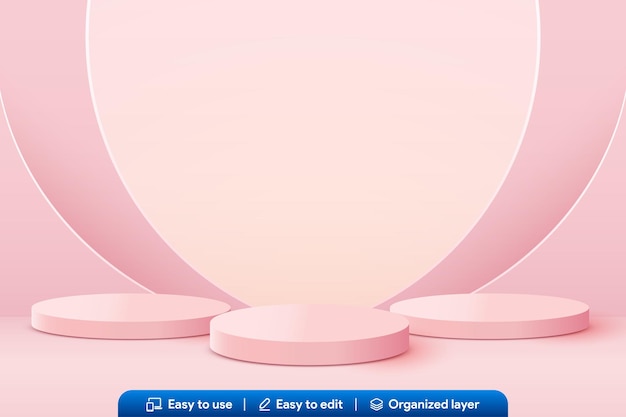 Cosmético vectorial sobre fondo rosa y pantalla de podio premium para maqueta de exhibición de producto para marca de presentación