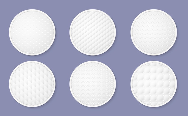 Cosméticos almohadillas de algodón textura discos blancos redondos realistas higiene y cuidado de la piel producto esponja suave para la cara con diferentes patrones de relieve removedor de maquillaje accesorio conjunto de vectores utter.