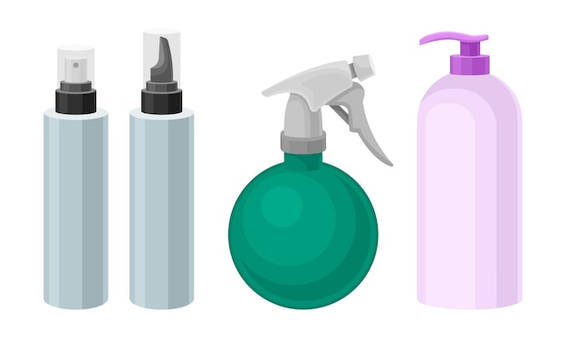 Vector cosméticos para el cabello para barbería o salón de peluquería con botella de loción y conjunto vectorial de champú