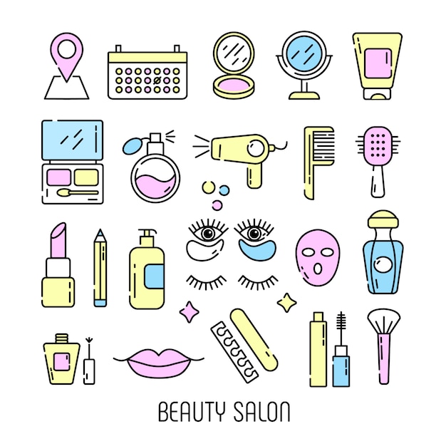 Cosméticos e iconos de belleza en un moderno estilo lineal.