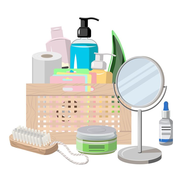 Cosméticos ecológicos para el baño Productos de baño ecológicos sostenibles Accesorios naturales Materiales ecológicos Concepto de estilo de vida de cero residuos Ilustración vectorial gráfica plana aislada sobre fondo blanco