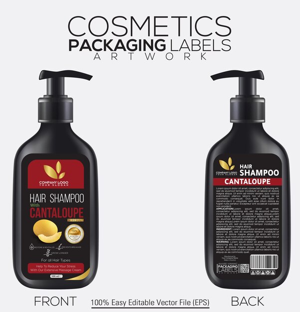 Cosméticos Envasado Etiqueta Para el Cabello Shampoo Botella Negra Mockup con melón