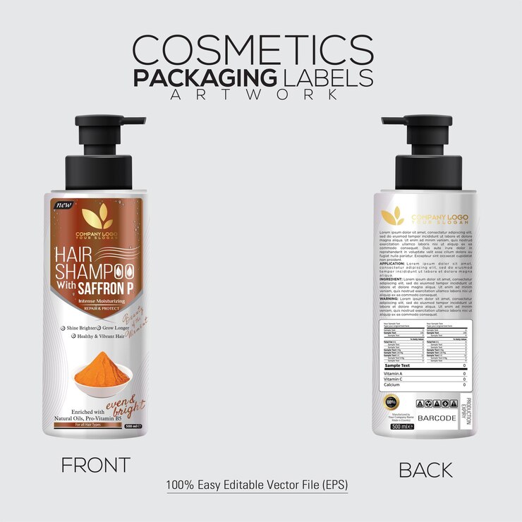 Vector cosméticos envasado etiqueta obras de arte shampoo para el cabello botella de 250 ml mockup con sabor a polvo de azafrán
