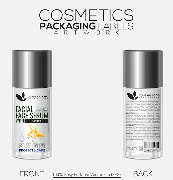 Cosméticos Etiqueta de embalaje Serum facial de recuperación Solución para la piel Botella Mundo de sabores
