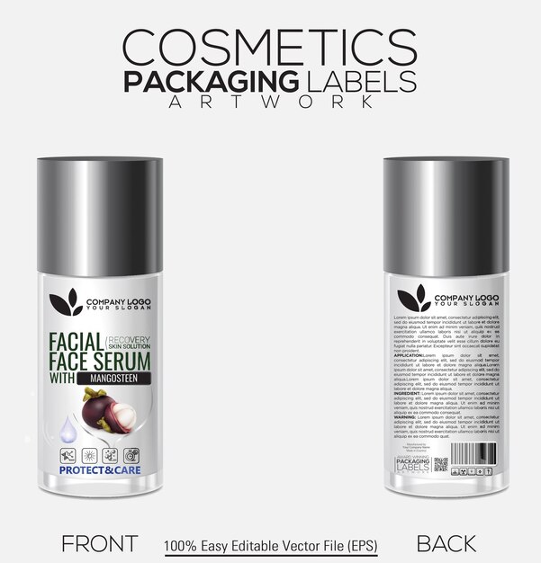 Cosméticos Etiqueta de embalaje Serum facial de recuperación Solución para la piel Botella Mundo de sabores