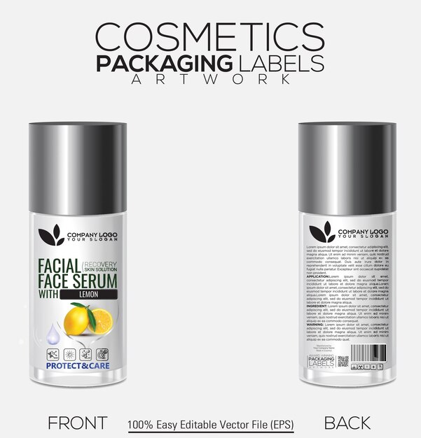 Cosméticos Etiqueta de embalaje Serum facial de recuperación Solución para la piel Botella Mundo de sabores