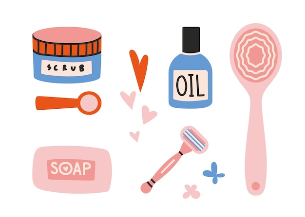 Cosméticos y herramientas para el cuidado del cuerpo estilo de dibujos animados Conjunto de higiene personal de equipos de baño diseño plano dibujado a mano Ilustración de vector moderno de moda aislado sobre fondo blanco