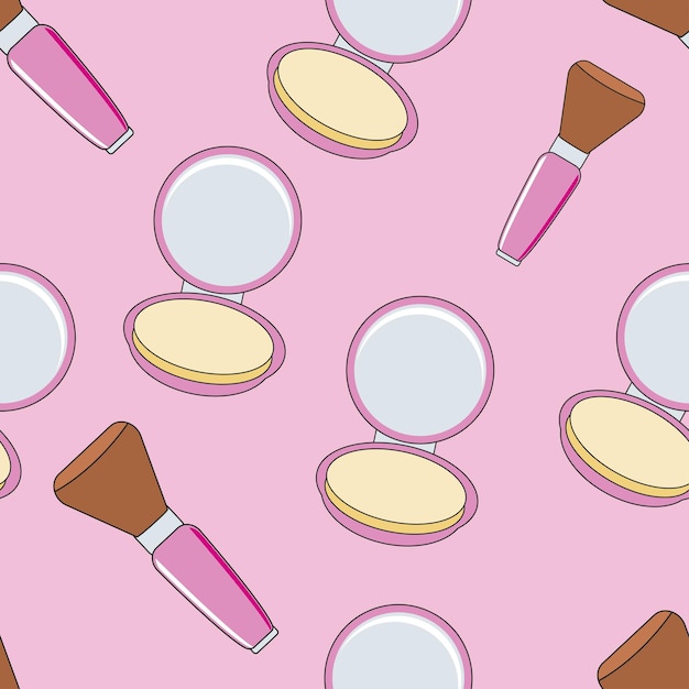 Cosméticos lindos con un patrón sin costuras Ilustraciones de polvo compacto y pincel Aislado en el dorso rosado