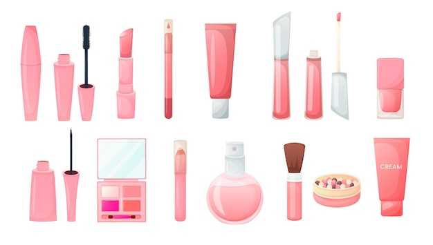 Cosméticos para maquillaje en envases rosas de moda.