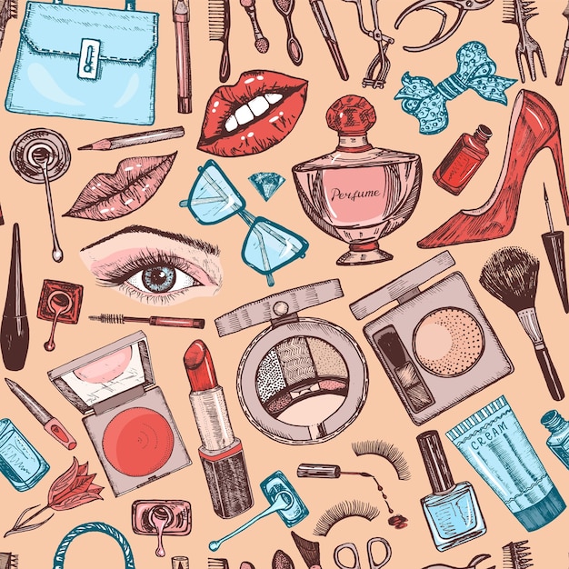 Cosméticos para maquillaje de patrones sin fisuras para el fondo Doodle Una colección de productos femeninos Elementos decorativos para un salón de belleza Dibujo grabado vintage dibujado a mano Pegatinas de contorno Labios de ojos