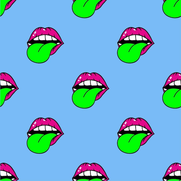 Cosméticos y maquillaje de patrones sin fisuras. Primer plano de hermosos labios de mujer con lápiz labial rojo y brillo. Maquillaje de labios mojado sexy. Boca abierta, lengua. Dulce beso.