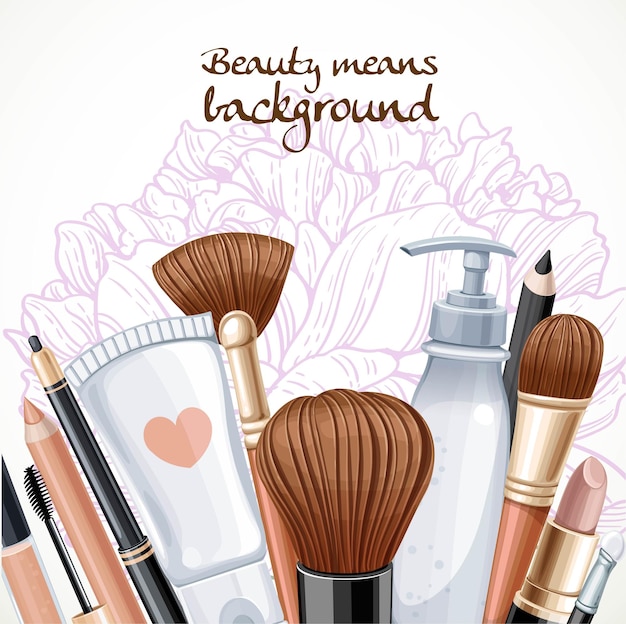 Cosméticos para maquillaje sobre fondo de flor de peonía rosada