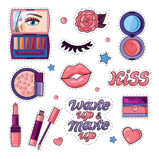 Vector cosméticos de moda y belleza y pegatinas de texto.