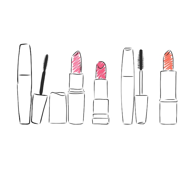 Cosméticos de moda Conjunto de maquillaje de cosméticos de belleza Elementos de diseño de maquillaje dibujados a mano