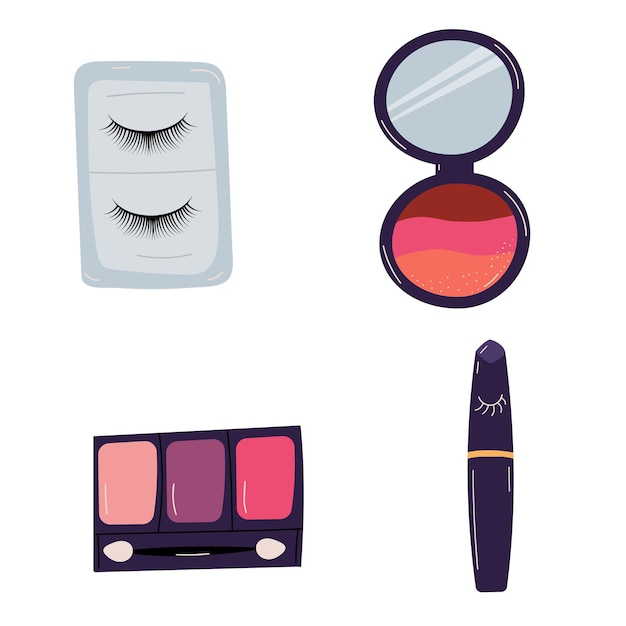 Cosméticos para los ojos. Pestañas postizas, sombras, rímel. Ilustración de vector de belleza