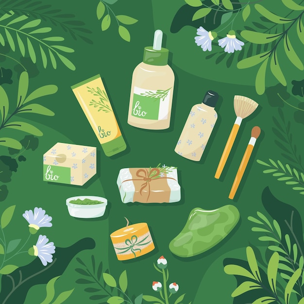 Cosméticos orgánicos naturales para una vida ecológica Ilustración vectorial de productos para el cuidado de la piel