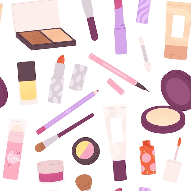 Cosméticos patrón sin costuras elementos cosméticos decorativos lápiz labial lápiz de ojo y caja de sombras maquillaje de salón de belleza fondo vectorial racy