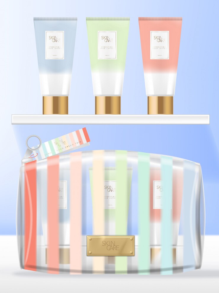 Cosméticos de PVC transparente, conjunto de bolsas de belleza o lavado con empaque de tubo de crema de manos. Rayas de verano arcoiris impresas.