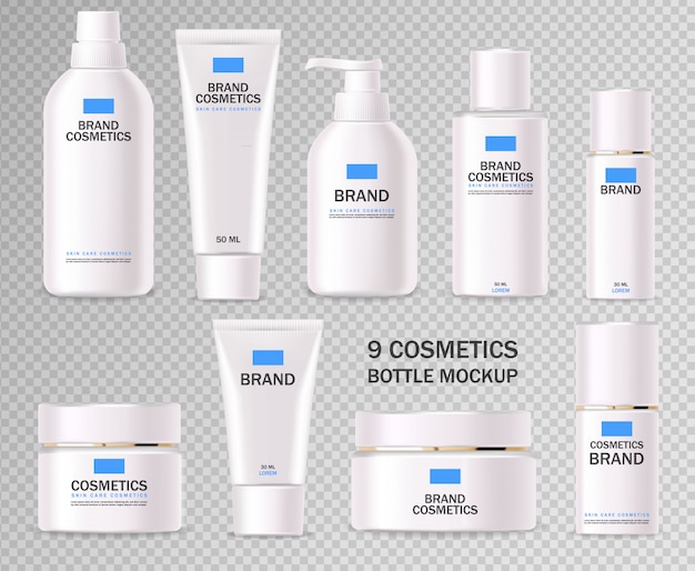 Cosméticos realistas, azul, conjunto de botella blanca, empaque, cuidado de la piel, crema de hidratación, tóner, limpiador, suero, tarjeta de belleza, tratamiento facial, contenedor aislado fondo blanco.