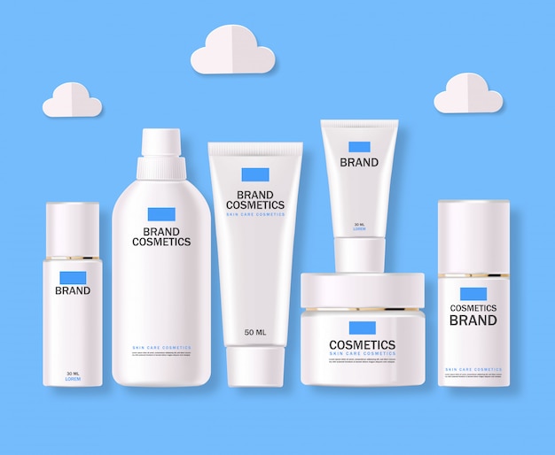 Cosméticos realistas, azul, conjunto de botella blanca, empaque, cuidado de la piel, crema de hidratación, tóner, limpiador, suero, tarjeta de belleza, tratamiento facial, contenedor aislado fondo blanco.