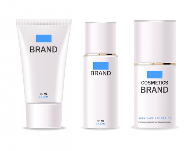 Cosméticos realistas, botella blanca, paquete, producto para el cuidado de la piel, tratamiento, conjunto de contenedor aislado, limpiador, tóner, crema