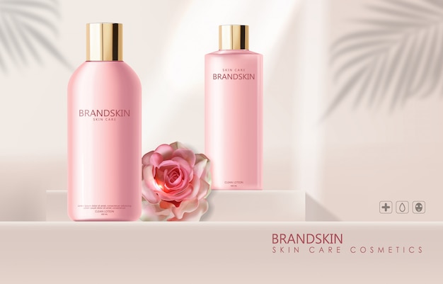 Cosméticos realistas para el cuidado de la piel y rosa, loción limpiadora, envase de botella rosa
