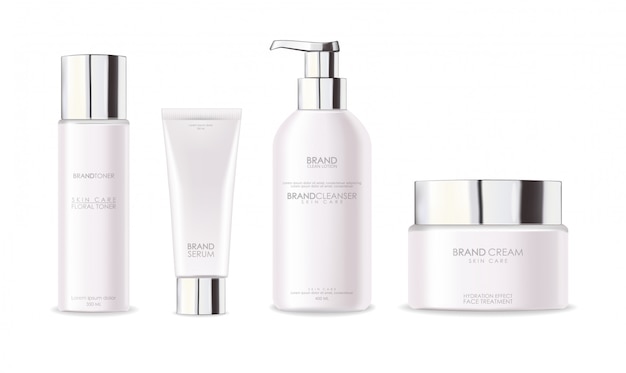 Cosméticos realistas, diseño plateado, set de botellas blancas.