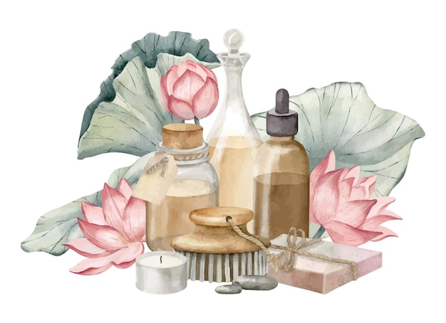 Cosméticos de spa con frascos vintage de flores de loto y jabón Ilustración acuarela dibujada a mano de productos para el cuidado del cuerpo y lirio de agua rosa sobre fondo blanco aislado Dibujo de artículos de tocador