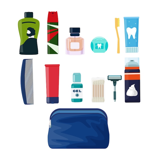 Cosméticos de viaje y productos de higiene para hombres afeitadora, pasta de dientes, cepillo, champú, desodorante y crema.