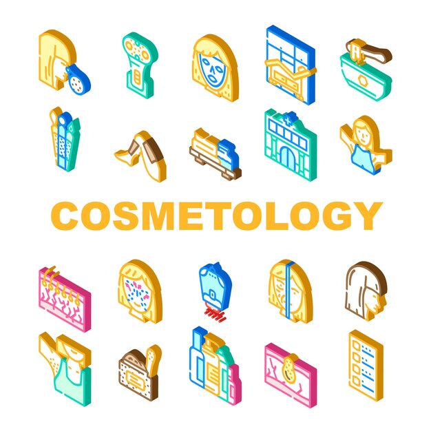 Cosmetología Belleza Procedimiento Iconos Conjunto Vector Levantamiento Cara Piel Con Dispositivo Electrónico Máscara Facial Depilación Axila Y Pierna Cosmetología Tratamiento Corporal Prueba De Alergia Signo Isométrico Ilustraciones De Color