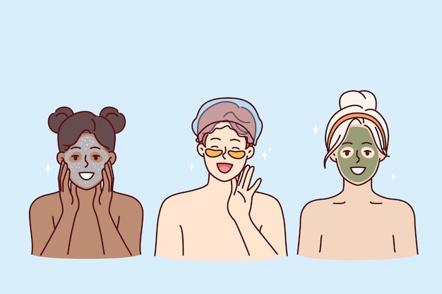Cosmetología y procedimientos de spa para dos mujeres y un hombre haciendo máscaras rejuvenecedoras de arcilla y crema