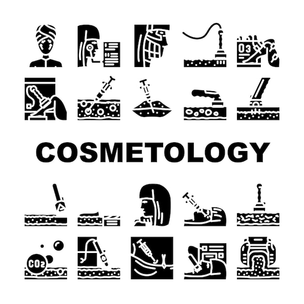 Vector cosmetología tratamiento procedimiento iconos conjunto vector complejo limpieza facial mesoterapia zonas de rejuvenecimiento cosmetología terapia de microdermoabrasión levantamiento de piel facial glifo pictogramas ilustraciones negras