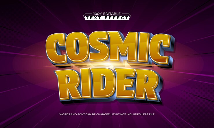Vector cosmic rider efecto de texto editable con un estilo de texto de espacio y astronauta