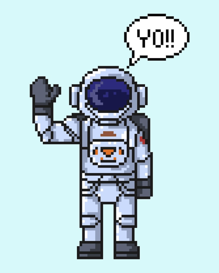 Vector cosmonauta agitando la mano dijo yo ilustración de estilo de juego de píxeles de astronauta vector de astronauta