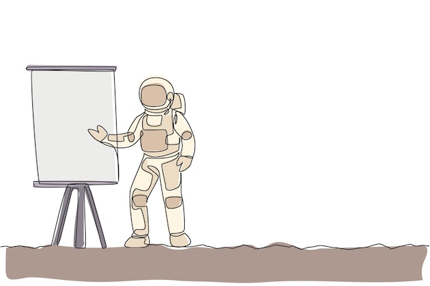 Un cosmonauta de dibujo de una sola línea dando una presentación de estrategia de negocios en una reunión de vector gráfico