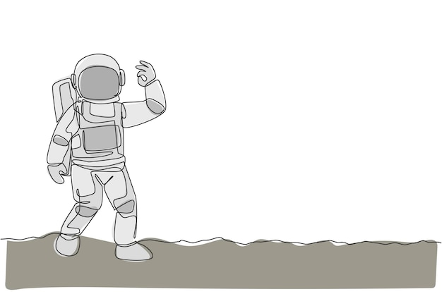 Vector un cosmonauta de dibujo de una sola línea hace un buen gesto con los dedos en un vector gráfico de la superficie lunar